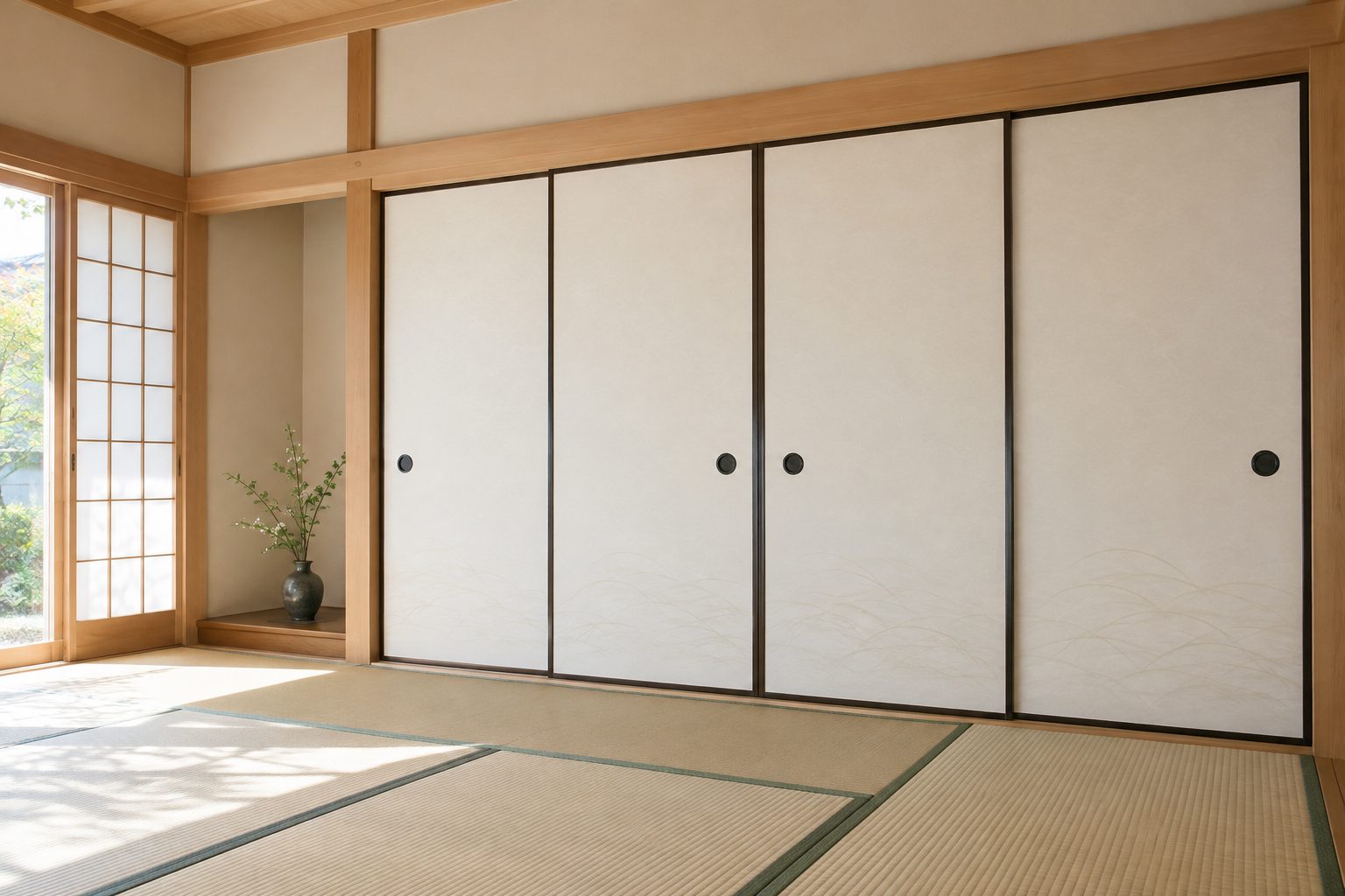 張り替えたばかりの襖が並ぶ和室