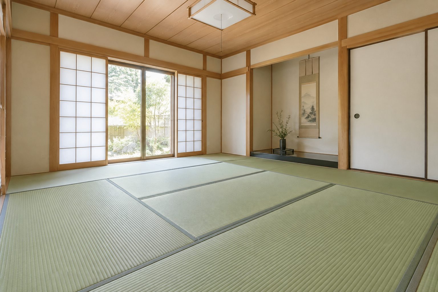 明るい和室に新しく張り替えられた青い畳